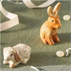 Anthropologie Canterbury Bunny Stoneware Salt & Pepper Shakers Handpainted Glaze